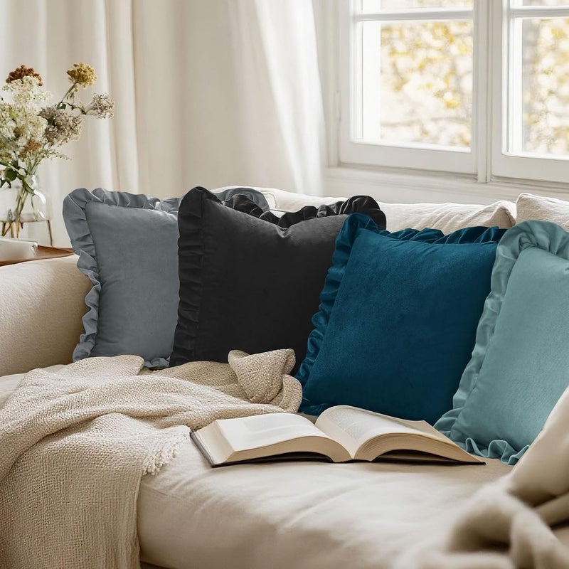 JIUZHEN Velvet Square Throw Pillow Covers with Ruffles, Black Decorative Throw Pillow Covers for Couch Sofa Bedroom Livingroom，22x22 Inch, Set of 2 - Image 5