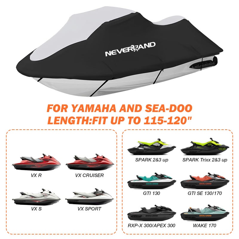 NEVERLAND Waterproof Jet Ski Cover - Compatible with Yamaha Seadoo, Jet Ski Covers 2 3 Seater UV Resistant Heavy Duty Cover with 2 Air Vents Suitable for 2 3 Seater Lengths 115'' to 120" - Image 2
