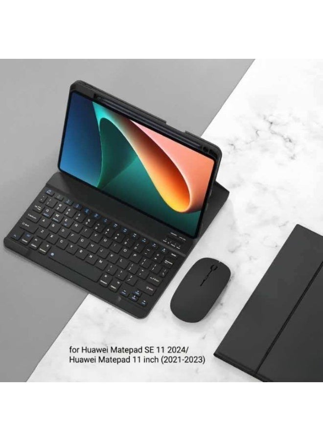 غطاء لوحة مفاتيح ثنائي اللغة لهواوي ميت باد إس إي 11 2024/هواوي ميت باد 11 إنش (2021-2023)، لوحة مفاتيح لاسلكية قابلة للفصل مع حامل قلم غلاف ذكي جلدي رفيع جدًا مع فأرة