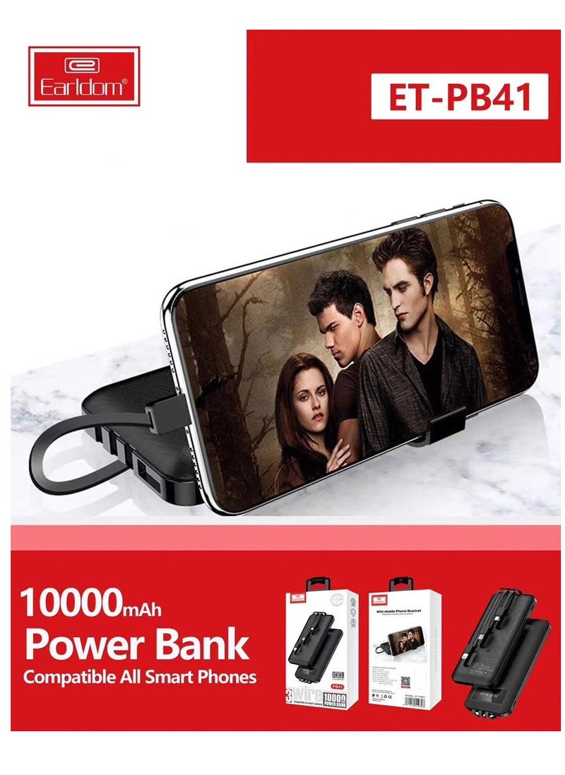 10000.0 mAh Power Bank with 3 Wire In-Built Charging Cable And LCD Display | ET-PB41| Black