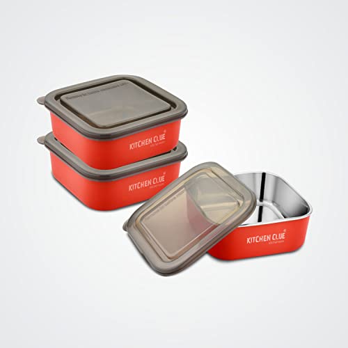 KITCHEN CLUE Stainless Steel Microwave Safe Square Lunch Box Or Containers for Office Home Kitchen I Pack of 3 Pcs, Red - 800 ML Each I Ideal Use for Kids Or Adults I BPA Free (16CM*16CM*6CM) - Image 1