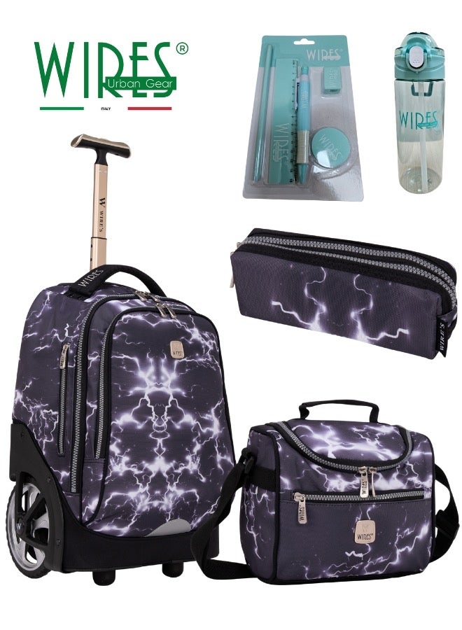 Wires 3 Piece Kids School Trolley Bag laptop compartment Big Wheels With Lunch bag u0026 Pencil Case - Image 1
