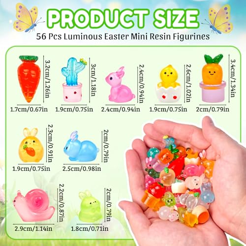 Feivando 56 Pcs Luminous Easter Mini Resin Figures Tiny Small Bunny Chick Figurines Glow in The Dark Animal Miniatures for Holiday Crafts Garden Micro Landscape Home Party Table Decor - Image 3