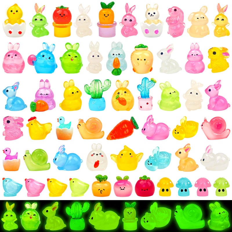 Feivando 56 Pcs Luminous Easter Mini Resin Figures Tiny Small Bunny Chick Figurines Glow in The Dark Animal Miniatures for Holiday Crafts Garden Micro Landscape Home Party Table Decor - Image 2