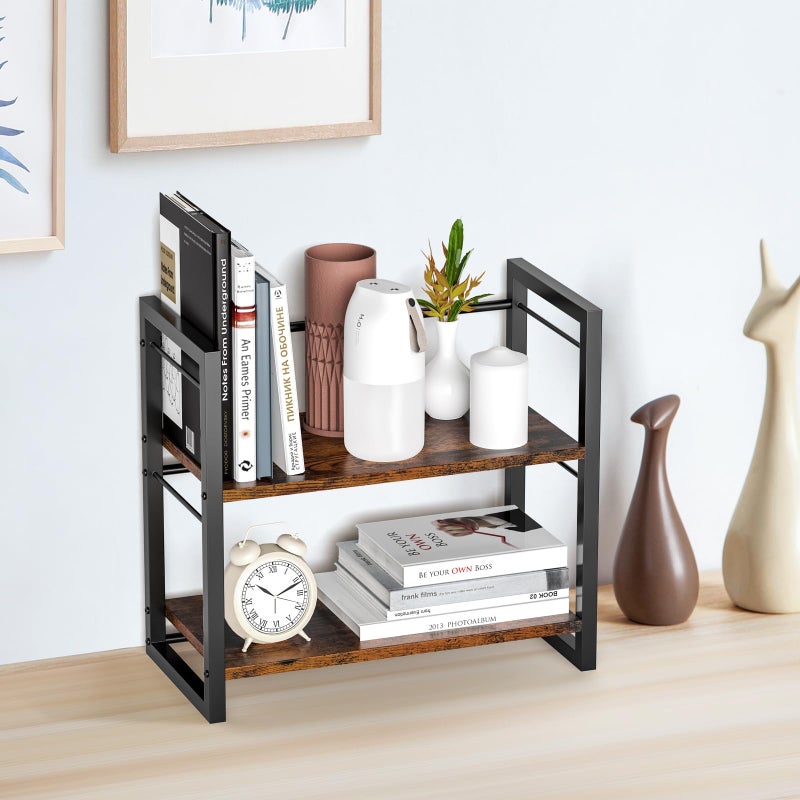 ART-GIFTREE Office Desk Shelf Organizer, Wood Desktop Bookshelf Supplies Storage Rack, Shelf for Top of Desk and Dresser (Brown-2 Tier) - Image 2