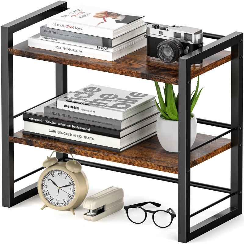 ART-GIFTREE Office Desk Shelf Organizer, Wood Desktop Bookshelf Supplies Storage Rack, Shelf for Top of Desk and Dresser (Brown-2 Tier) - Image 1