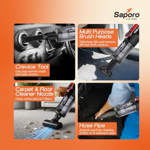 SAPORO Neo Portable Car & Home Vacuum Cleaner, 15kPa Powerful Suction, BLDC Brushless Motor, 6000mAh Rechargeable Battery, Dual HEPA Filter, 4-in-1 Vacuum & Air Blower, 7 Attachments with Storage Bag - Image 3