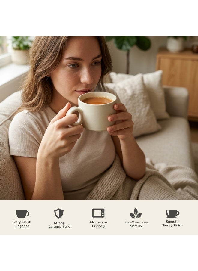 Ceramic Ivory Tea Cups 6 Piece Set Premium Food Grade Ceramic Coffee & Tea Mug Set Microwave Safe Glossy Finish Cups for Home Kitchen Café Office Hot Drinks - Image 3