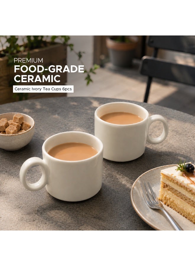 Ceramic Ivory Tea Cups 6 Piece Set Premium Food Grade Ceramic Coffee & Tea Mug Set Microwave Safe Glossy Finish Cups for Home Kitchen Café Office Hot Drinks - Image 2