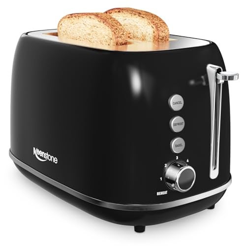 keenstone Retro Stainless Steel 2 Slice Toaster - Bagel, Cancel, Defrost Functions, 6 Shade Settings, Extra Wide Slot, Removable Crumb Tray (Black) - Image 1