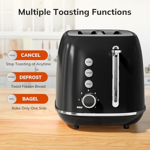 keenstone Retro Stainless Steel 2 Slice Toaster - Bagel, Cancel, Defrost Functions, 6 Shade Settings, Extra Wide Slot, Removable Crumb Tray (Black) - Image 2