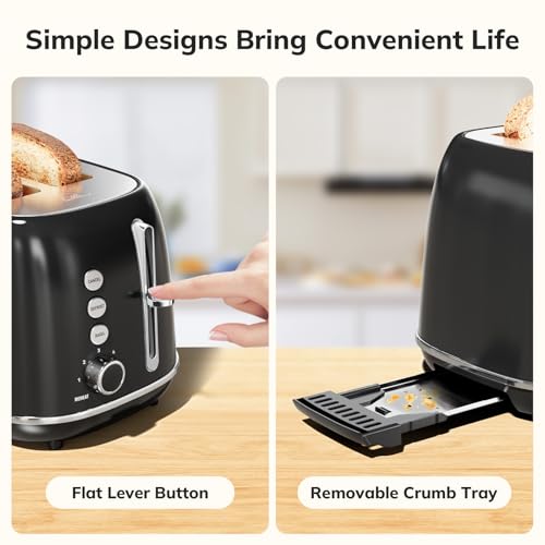 keenstone Retro Stainless Steel 2 Slice Toaster - Bagel, Cancel, Defrost Functions, 6 Shade Settings, Extra Wide Slot, Removable Crumb Tray (Black) - Image 5