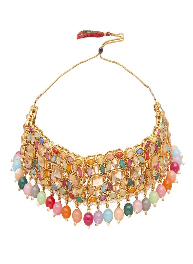 Bodha Traditional Indian Gold Plated Multi-Color Kundan Pearl Choker Necklace Jewelry Set with Earrings and Tikka for Women (SJN_58_MT) - Image 3