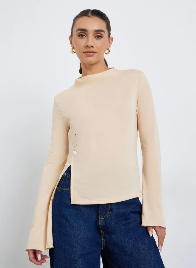 Styli Women Slit Hem Button Detail T-Shirt