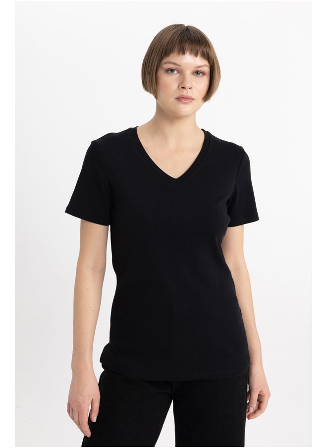DeFacto - Woman Slim Fit V Neck Knitted Short Sleeve T-Shirt - Image 1