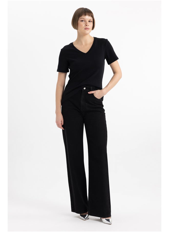 DeFacto - Woman Slim Fit V Neck Knitted Short Sleeve T-Shirt - Image 1