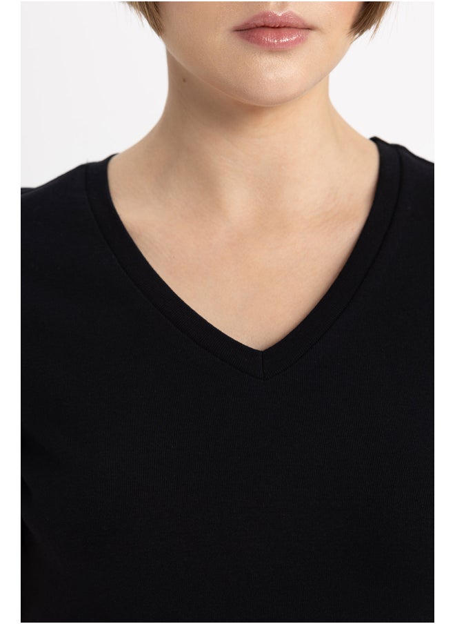 DeFacto - Woman Slim Fit V Neck Knitted Short Sleeve T-Shirt - Image 1