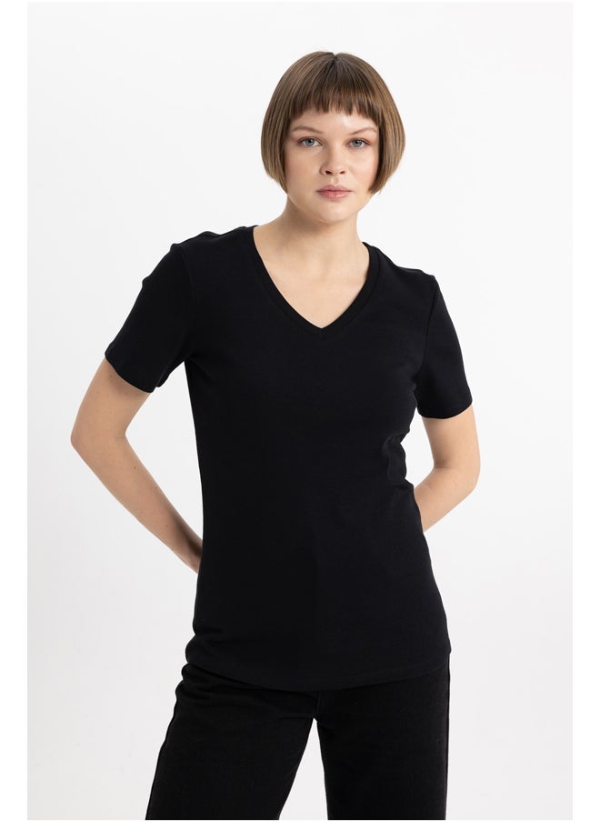 DeFacto - Woman Slim Fit V Neck Knitted Short Sleeve T-Shirt - Image 1