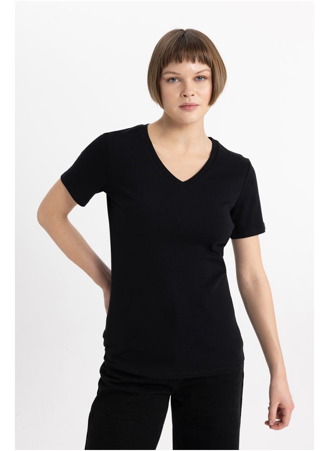 DeFacto - Woman Slim Fit V Neck Knitted Short Sleeve T-Shirt - Image 1