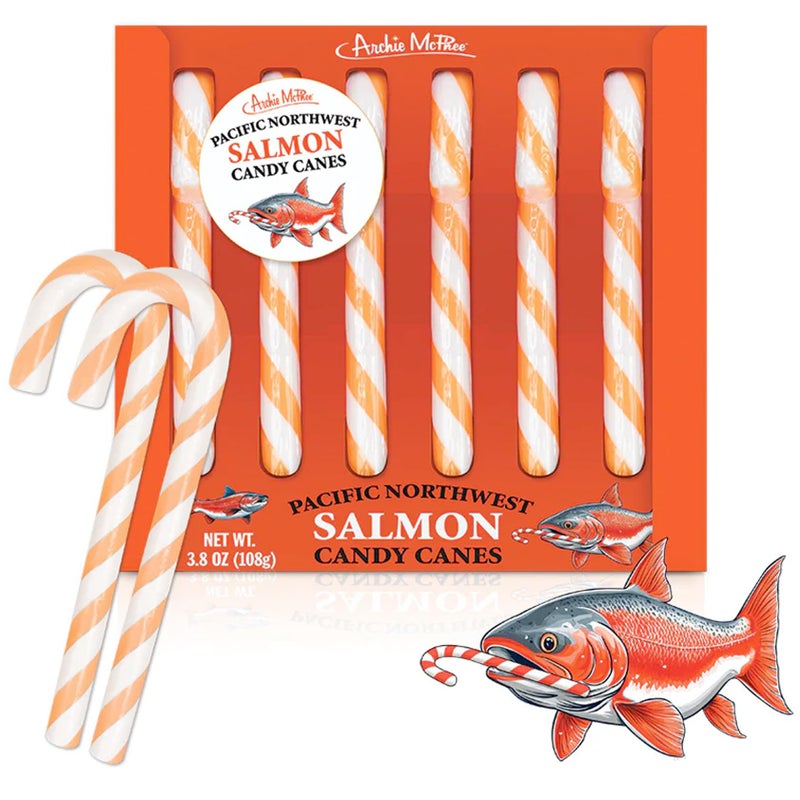 Archie McPhee Pacific Northwest Salmon Candy Canes - Set of 6 Pink and White Striped Novelty Candy Canes, Funny Gag Gift, 5.25 Inch - Image 1
