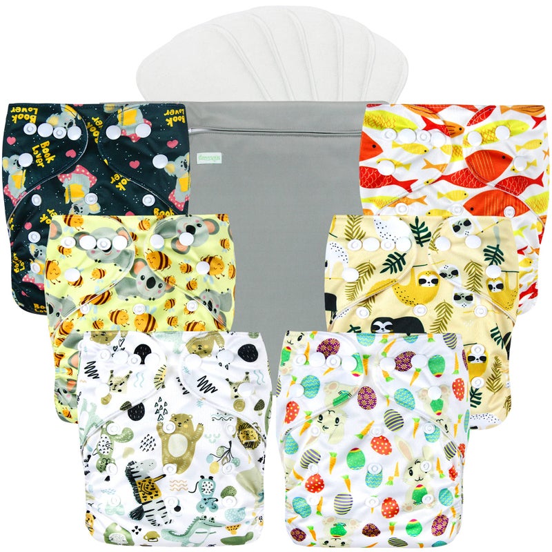 Wegreeco wegreeco Cloth Diapers 6 Pack with 6 Inserts 1 Wet Bag Washable Cloth Diapers for Babies One Size Adjustable Reusable Animal World 
