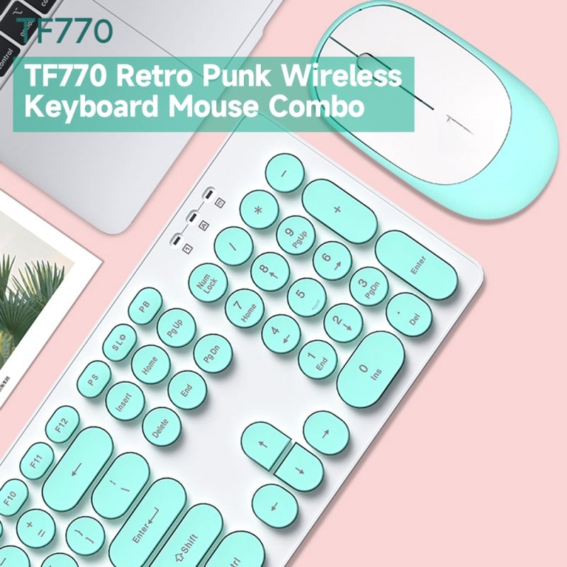 T-WOLF Wireless Keyboard Combo 2.4G Retro Round Punk Keycap - Ergonomic Mute Design with Stable Signal for Home Office - Image 4