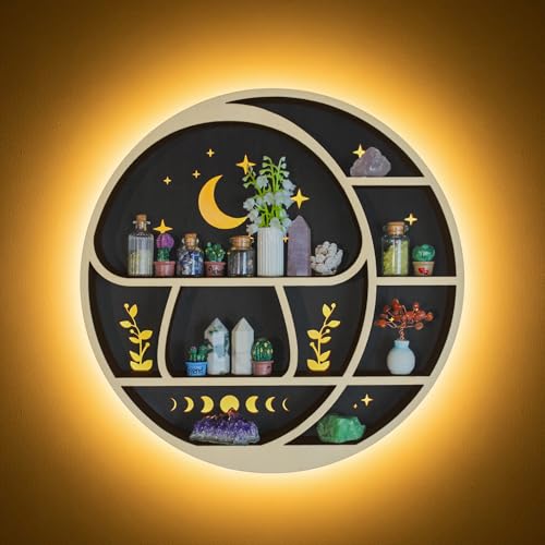 FNYDOX Circle Mushroom on The Moon Wall Shelf with LED Wooden Trinket Knick Knack Shelf Witchy Moon Decor Crystal Display Shelf for Rocks Gems Healing Stones Celestial Room Decor Crystal Holder Organizer - Image 1