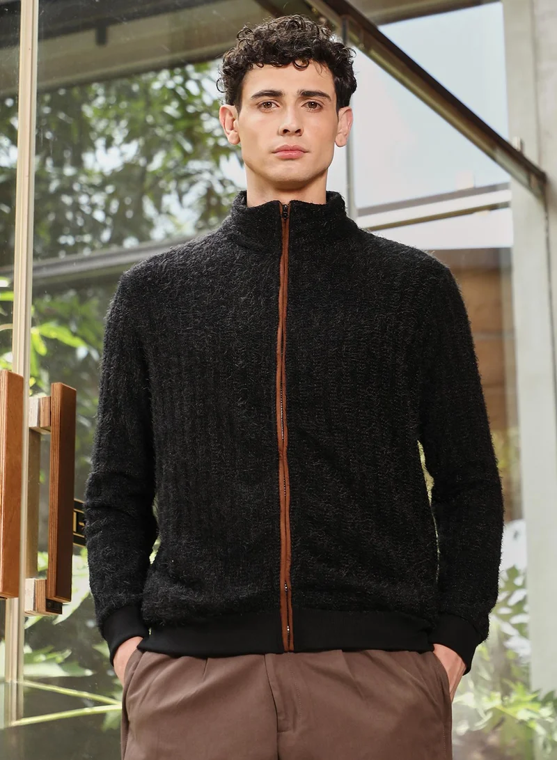Campus Sutra Men's Onyx Black Zip-Front Tactile Fur-Knit Sweater | Stand Collar , Ribbed Cuff Sleeves , Zipper Closure , Ribbed-Straight Hem | Solid Fur For Casual & Daily Wear