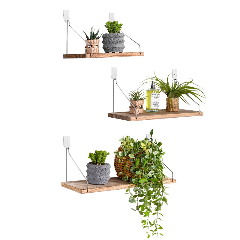 MITIME Floating Shelves Set of 3 Rustic Solid Wood Floating Shelf Wall Storage Shelves for Living Room Bedroom Bathroom Kitchen Laundry Officeno Drill Shelf Light Color LMS