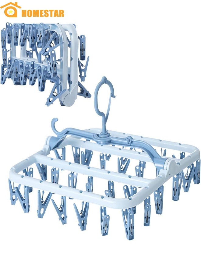 HOMESTAR Foldable Clip Hangers, Hanger with 32 Drying Clips, Plastic Laundry Clip, Round Clothes Hanger Organizer, 360° Rotatable Drying Rack for Socks, Lingerie, Towels and Other Small Objects, Blue - Image 1