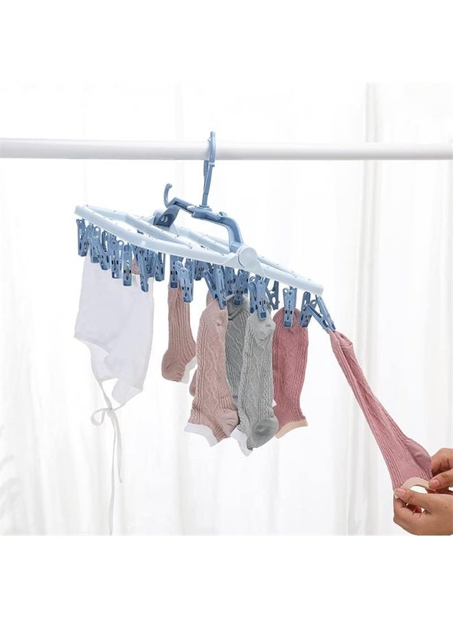 HOMESTAR Foldable Clip Hangers, Hanger with 32 Drying Clips, Plastic Laundry Clip, Round Clothes Hanger Organizer, 360° Rotatable Drying Rack for Socks, Lingerie, Towels and Other Small Objects, Blue - Image 2