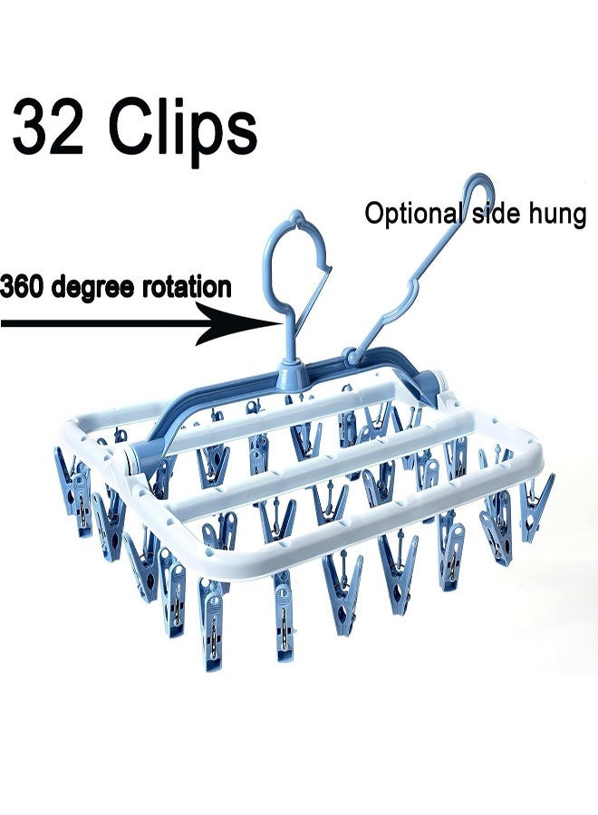 HOMESTAR Foldable Clip Hangers, Hanger with 32 Drying Clips, Plastic Laundry Clip, Round Clothes Hanger Organizer, 360° Rotatable Drying Rack for Socks, Lingerie, Towels and Other Small Objects, Blue - Image 4