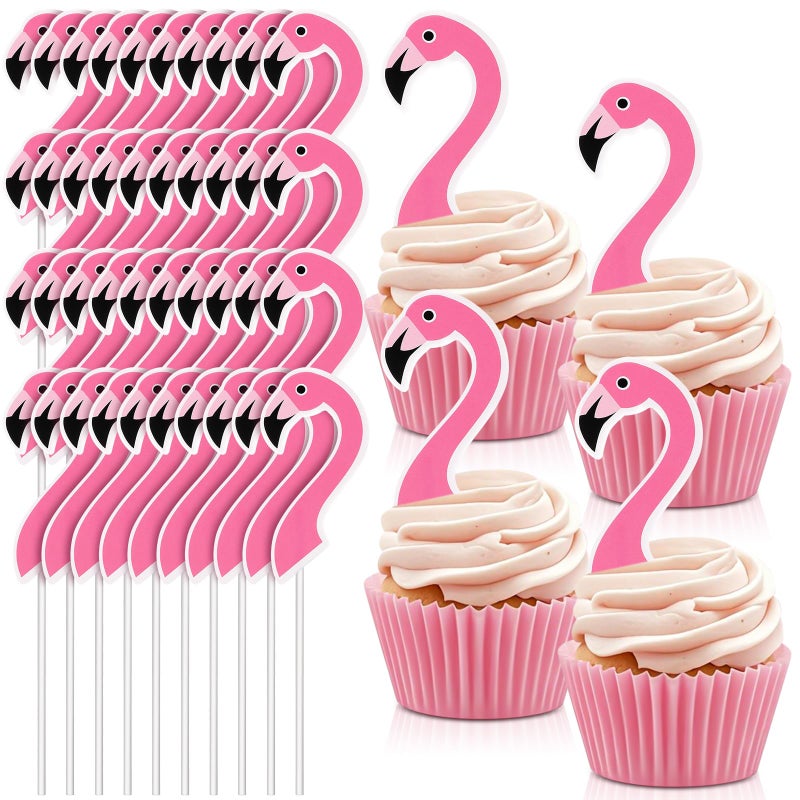 Marspark 48 Pieces Flamingo Cupcake Toppers Picks Cake Decorations Flamingo Cake Topper for Baby Shower Birthday Party Flamingo Theme Party - Image 1
