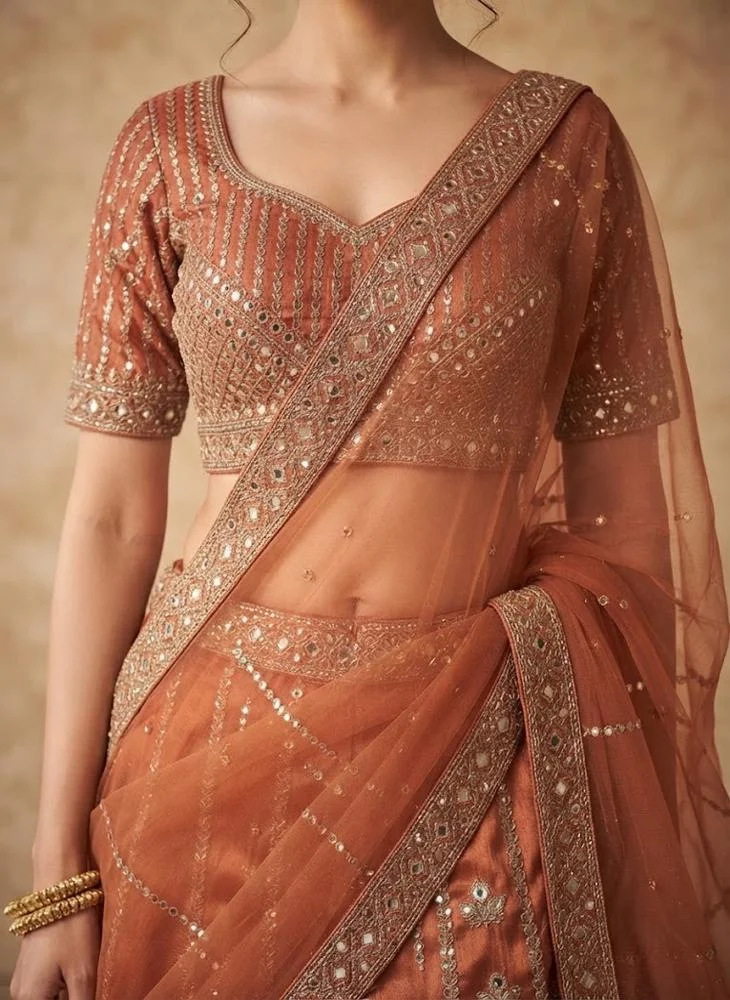 Viny VINY Terracotta 3-Piece Mirror-Embroidered Lehenga Set – Women's Indian Ethnic Wear