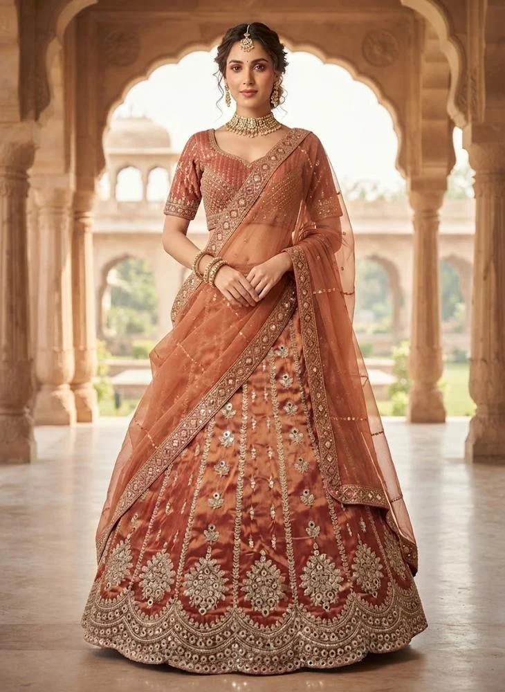 Viny VINY Terracotta 3-Piece Mirror-Embroidered Lehenga Set – Women's Indian Ethnic Wear