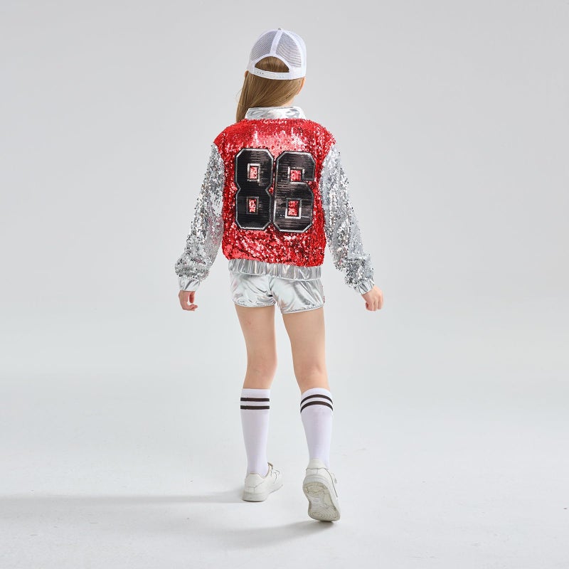 LOLANTA Hip hop Dance Costumes Girls Dancing Outfits Sequin Shorts Set Silver Sequin Jacket Kids Stage Performances (Red, 8-10) - Image 5