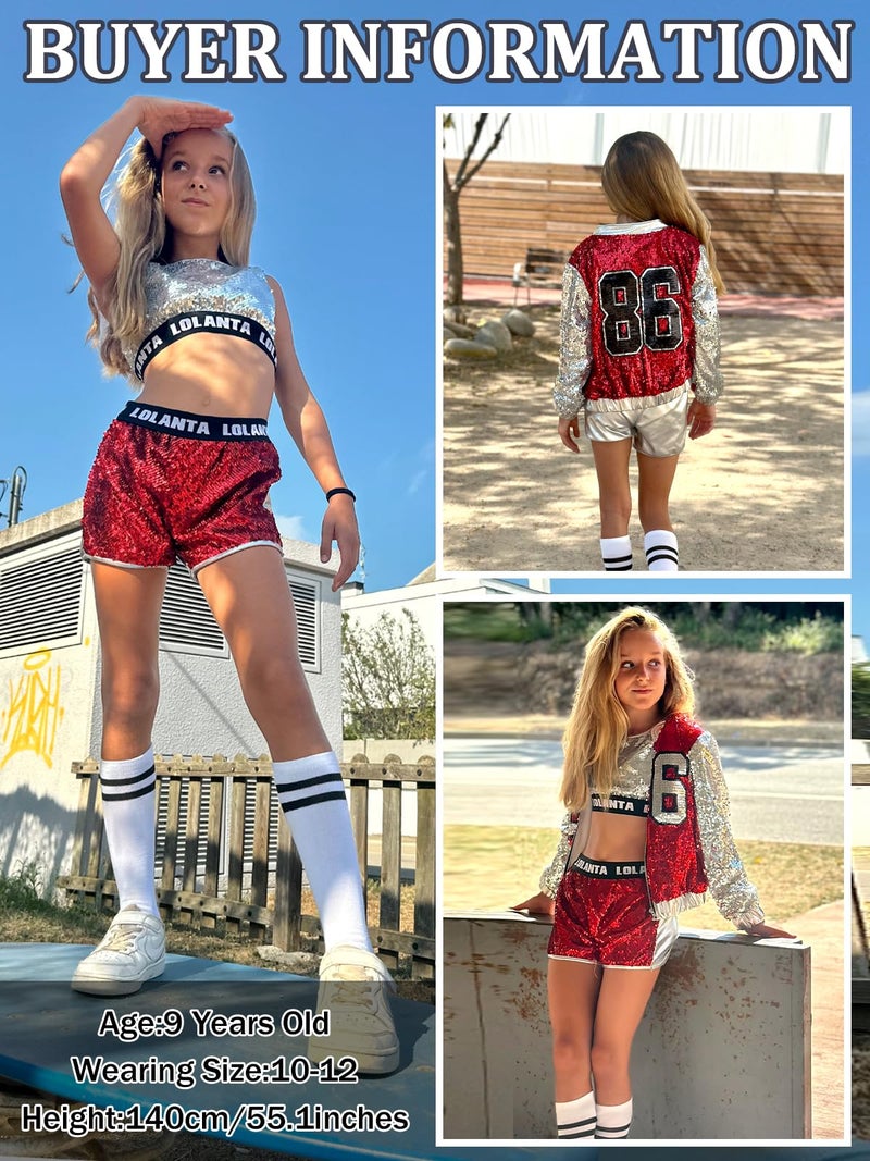LOLANTA Hip hop Dance Costumes Girls Dancing Outfits Sequin Shorts Set Silver Sequin Jacket Kids Stage Performances (Red, 8-10) - Image 2