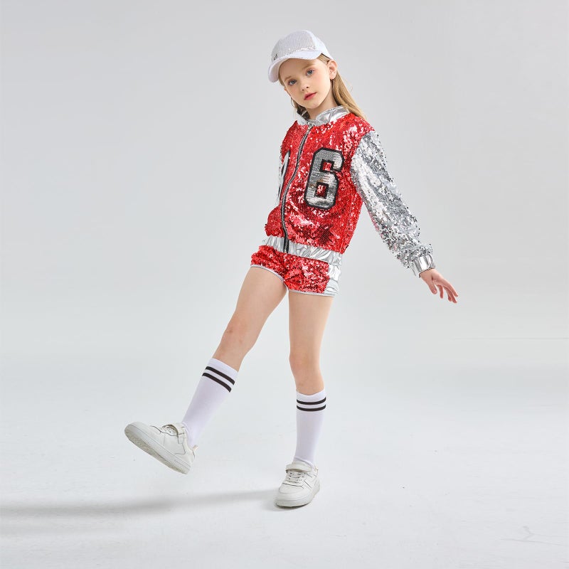 LOLANTA Hip hop Dance Costumes Girls Dancing Outfits Sequin Shorts Set Silver Sequin Jacket Kids Stage Performances (Red, 8-10) - Image 4