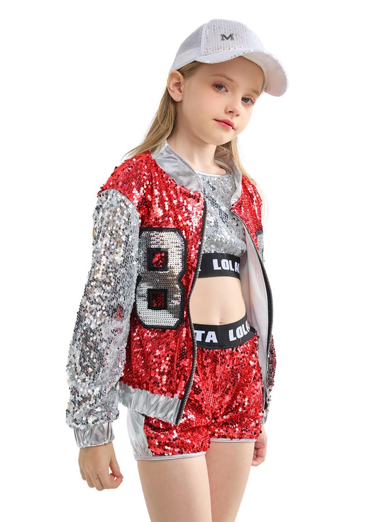 LOLANTA Hip hop Dance Costumes Girls Dancing Outfits Sequin Shorts Set Silver Sequin Jacket Kids Stage Performances (Red, 8-10) - Image 1