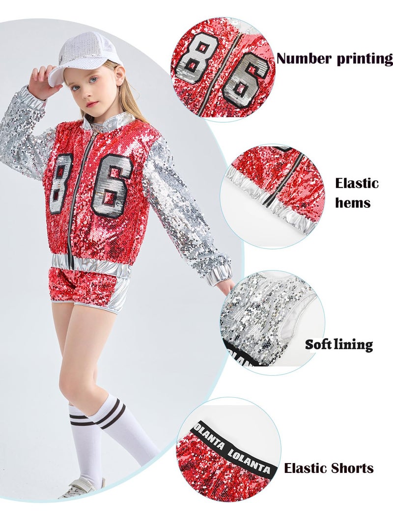LOLANTA Hip hop Dance Costumes Girls Dancing Outfits Sequin Shorts Set Silver Sequin Jacket Kids Stage Performances (Red, 8-10) - Image 3