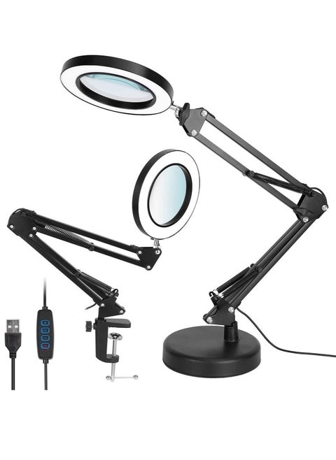 Magnifying Glass with Light and Stand 10X Magnifying Lamp 2-in-1 Desk Lamp with Clamp 3 Color Modes & Stepless Dimmable LED Lighted Magnifier for Hobby Reading Crafts Repair Close Work