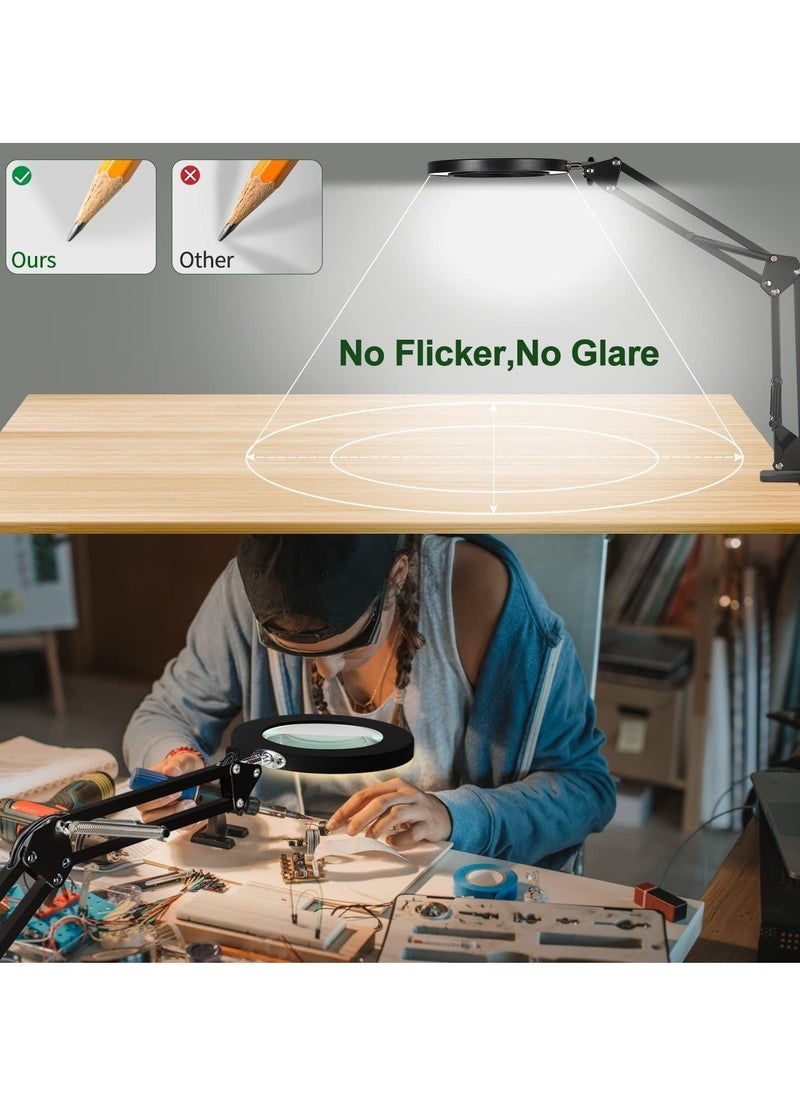 Magnifying Glass with Light and Stand 10X Magnifying Lamp 2-in-1 Desk Lamp with Clamp 3 Color Modes & Stepless Dimmable LED Lighted Magnifier for Hobby Reading Crafts Repair Close Work