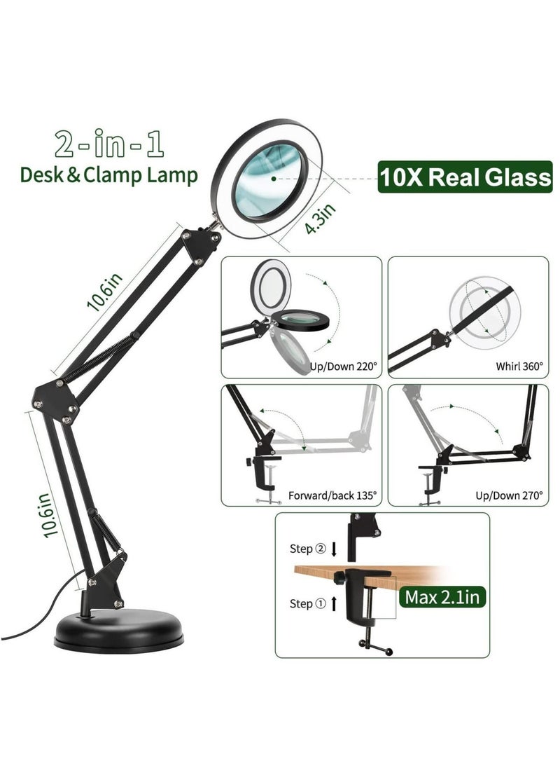 Magnifying Glass with Light and Stand 10X Magnifying Lamp 2-in-1 Desk Lamp with Clamp 3 Color Modes & Stepless Dimmable LED Lighted Magnifier for Hobby Reading Crafts Repair Close Work