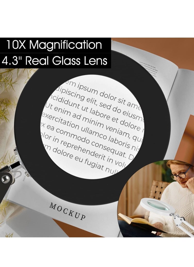 Magnifying Glass with Light and Stand 10X Magnifying Lamp 2-in-1 Desk Lamp with Clamp 3 Color Modes & Stepless Dimmable LED Lighted Magnifier for Hobby Reading Crafts Repair Close Work