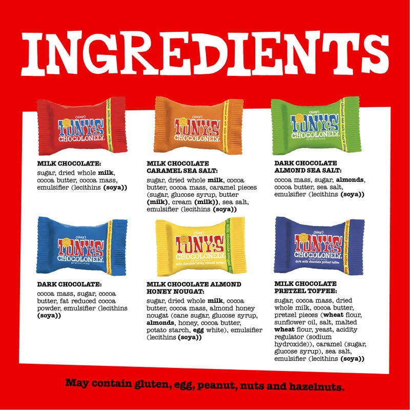 Tony’s Chocolonely Assorted Chocolate Candy Pieces, Belgian Milk & Dark Chocolate, Caramel Sea Salt, Almond Sea Salt, Honey Almond Nougat, Pretzel Toffee, Made From Quality Fairtrade Cocoa, 4.44 Oz - Image 3