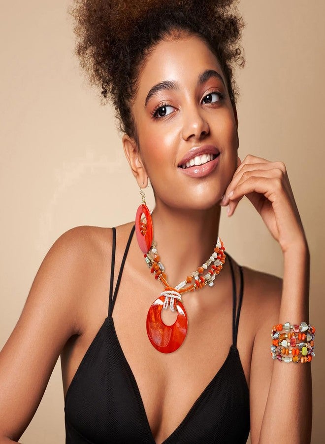 Coiris Orange Jewelry Sets for Women 4 Pcs Chunky Beaded Mrs Roper Costume Jewelry for Women Boho Multi Strand Colorful Shell Necklace for Women(ST0026-Orange) - Image 4