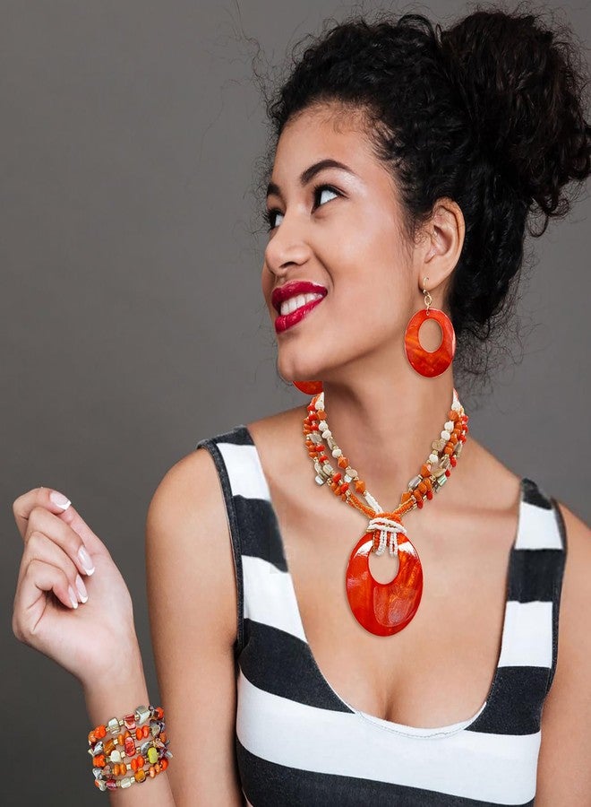 Coiris Orange Jewelry Sets for Women 4 Pcs Chunky Beaded Mrs Roper Costume Jewelry for Women Boho Multi Strand Colorful Shell Necklace for Women(ST0026-Orange) - Image 5