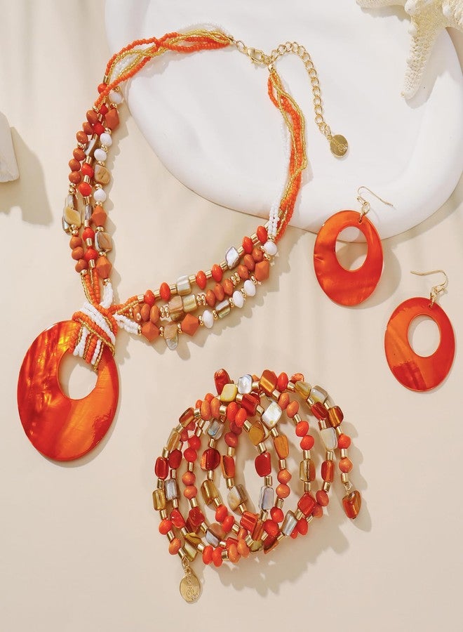 Coiris Orange Jewelry Sets for Women 4 Pcs Chunky Beaded Mrs Roper Costume Jewelry for Women Boho Multi Strand Colorful Shell Necklace for Women(ST0026-Orange) - Image 3