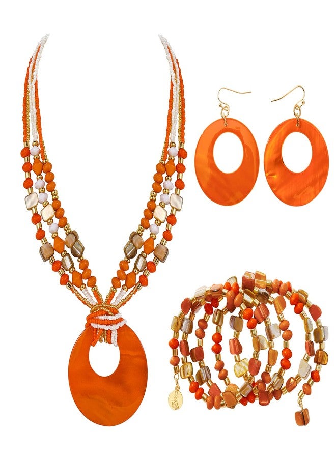 Coiris Orange Jewelry Sets for Women 4 Pcs Chunky Beaded Mrs Roper Costume Jewelry for Women Boho Multi Strand Colorful Shell Necklace for Women(ST0026-Orange) - Image 1