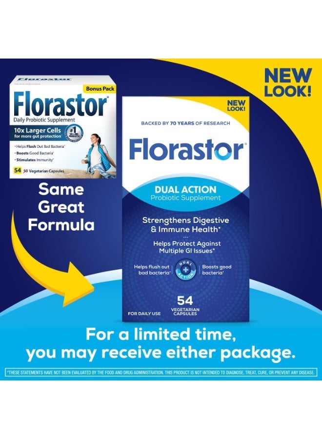 Florastor بروبيوتيك لصحة الجهاز الهضمي والمناعة، 54 كبسولة، بروبيوتيك للنساء والرجال، عمل مزدوج يساعد على طرد البكتيريا الضارة ويعزز الجيدة مع سلالة سكاروميسيس بولاردي الفريدة لدينا - Image 2